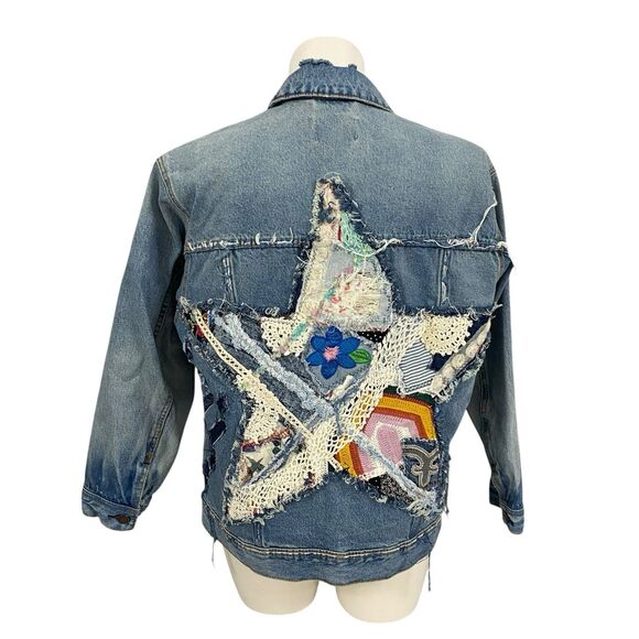 Upcycled Denim Jacket Womens Large Star Boho Grunge Patchwork Folk Art Coachella - Picture 9 of 14